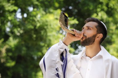 Kippah 'ta Yahudi bir adam ve açık havada Tallit esintisi yapıyor. Rosh Hashanah kutlaması