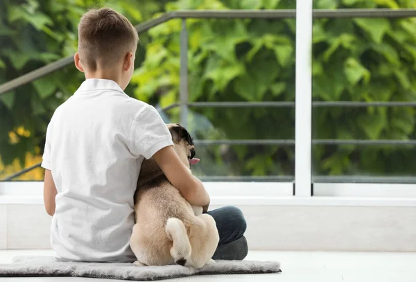 Rapaz Com Seu Pug Bonito Perto Janela Dentro Casa Vista — Fotografia de Stock