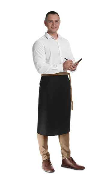 Full Length Portrait Happy Young Waiter Notebook White Background — Stock Photo, Image