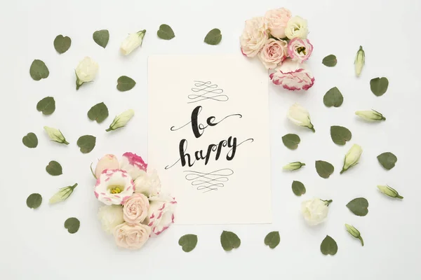 Rámeček Krásných Květin Papírové Karty Ručně Psaným Textem Buďte Šťastní — Stock fotografie