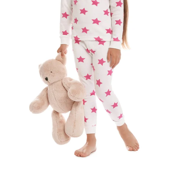Aranyos Lány Visel Pizsama Játék Fehér Háttér — Stock Fotó
