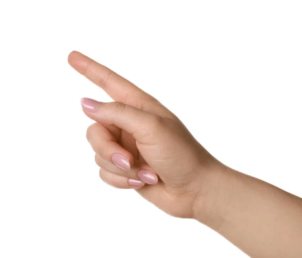 Woman Pointing Something White Background Closeup — Stock Photo, Image