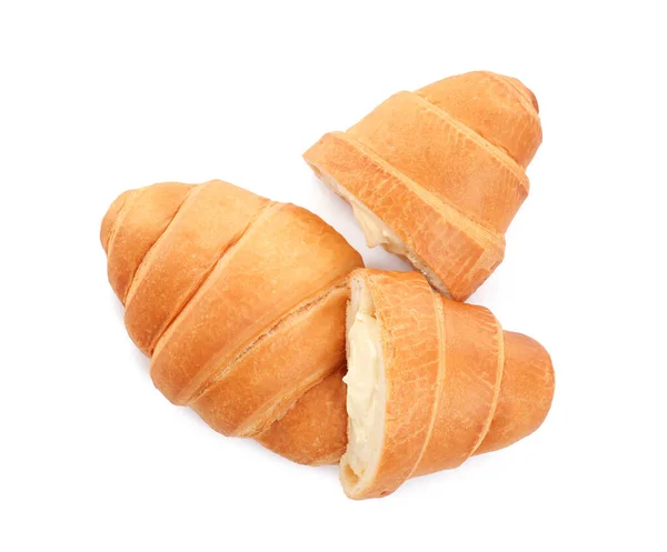 Heerlijke Croissants Met Room Witte Achtergrond Bovenaanzicht — Stockfoto