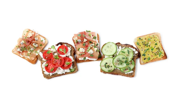 Verschillende Heerlijke Sandwiches Met Microgreens Witte Achtergrond Bovenaanzicht — Stockfoto