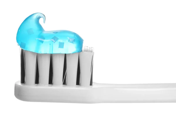 Kunststoffbürste Mit Zahnpasta Isoliert Auf Weiß Nahaufnahme — Stockfoto