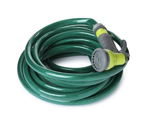 Zielony Gumowy Wąż Nawadniający Dyszą Izolowaną Biało — Zdjęcie stockowe