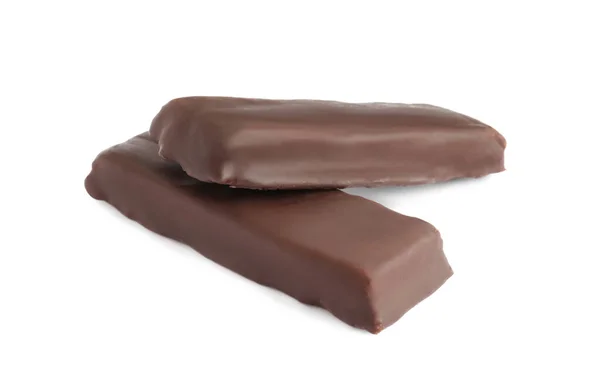 Savoureux Chocolat Glacé Barres Protéines Sur Fond Blanc Collation Saine — Photo