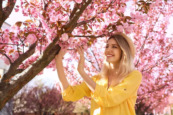Feliz Mujer Joven Con Estilo Cerca Florecer Árbol Sakura Aire —  Fotos de Stock