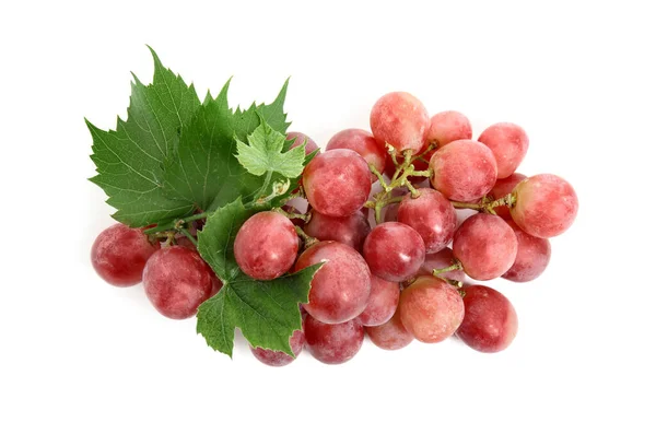 Cluster Van Rijpe Rode Druiven Met Groene Bladeren Witte Achtergrond — Stockfoto