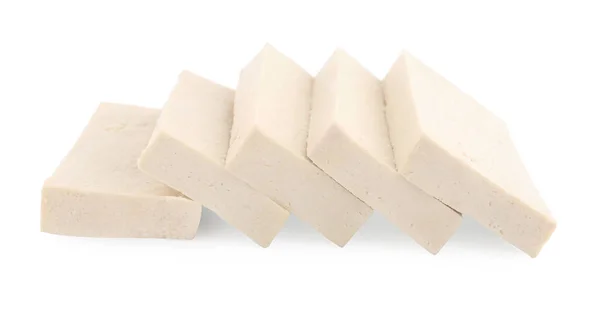 Slices Delicious Raw Tofu White Background — Stock Photo, Image