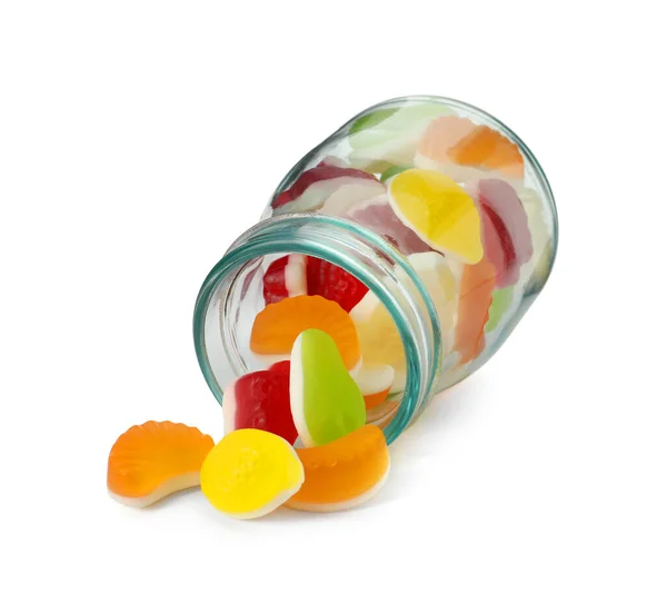 Delicious Gummy Fruit Shaped Candies Jar Isolated White — Stock Photo, Image