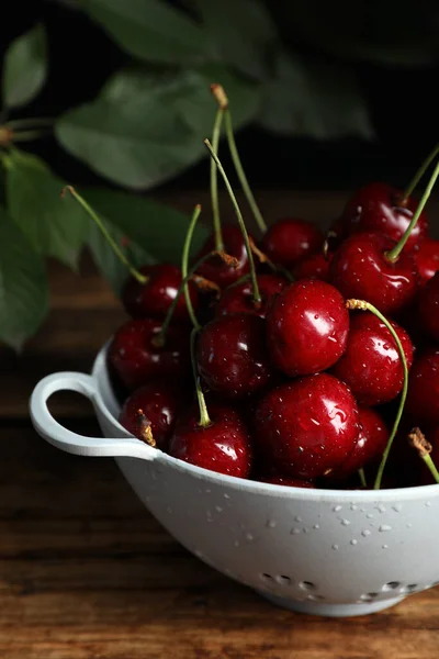 Wet Red Cherries Colander Wooden Table — Stock Photo, Image