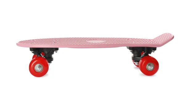 Розовый Скейтборд Красными Колесами Изолирован Белом Спортивное Оборудование — стоковое фото
