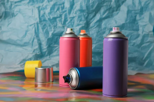 Cans Different Graffiti Spray Paints Color Background — Stock Photo, Image