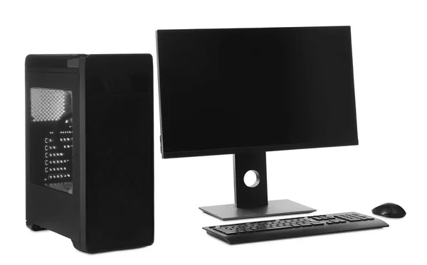 Nowoczesny Monitor Komputerowy Czarnym Ekranem Urządzeniem Systemowym Klawiaturą Myszą Białym — Zdjęcie stockowe