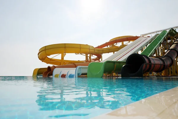 Beautiful View Water Park Colorful Slides Swimming Pool Sunny Day — Stock Photo, Image