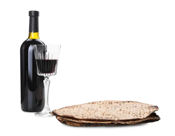 Chutné Matrace Víno Bílém Pozadí Pesach Pesach Oslava — Stock fotografie