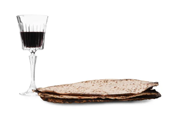 Beyaz Arka Planda Lezzetli Matzos Şarap Hamursuz Bayramı Pesach Kutlaması — Stok fotoğraf