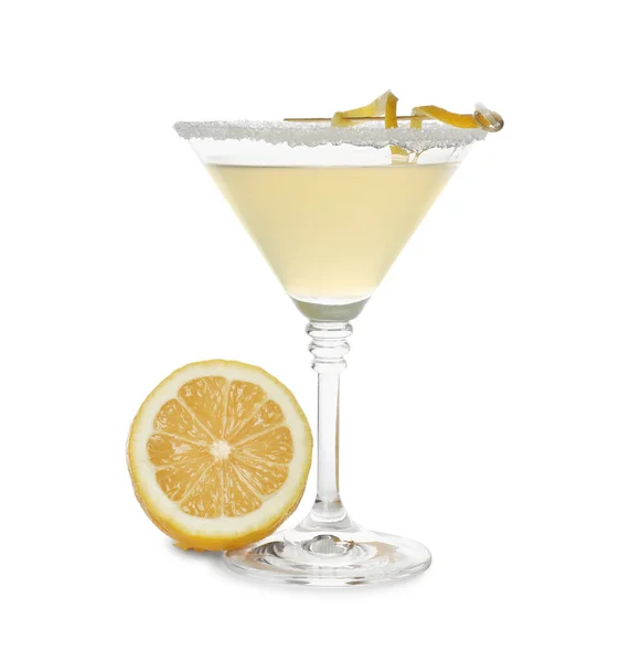 Zitronentropfen Martini Cocktail Und Frisches Obst Auf Weißem Hintergrund — Stockfoto