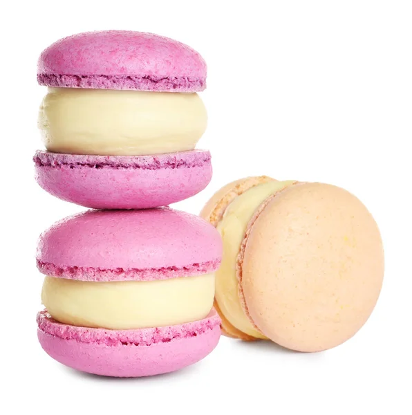 Bunte Macarons Auf Weißem Hintergrund Leckeres Dessert — Stockfoto