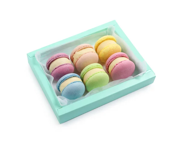 Muchos Deliciosos Macarons Coloridos Caja Sobre Fondo Blanco — Foto de Stock