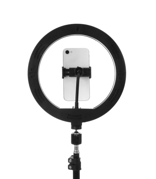 Třínožka Kruhovým Světlem Smartphonem Izolovaná Bílém — Stock fotografie