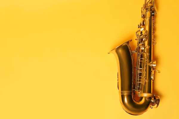 Beautiful Saxophone Yellow Background Top View Space Text — Stock Photo, Image