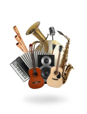 Beyaz arkaplanda farklı müzik araçları grubu