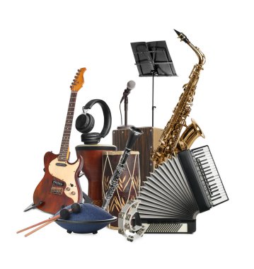 Beyaz arkaplanda farklı müzik araçları grubu