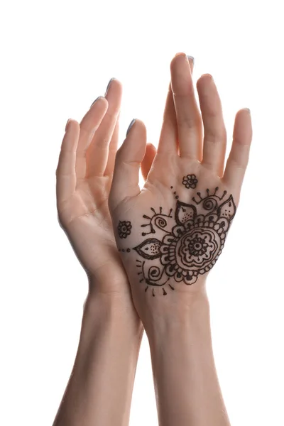 Woman Henna Tattoo Palm White Background Closeup Traditional Mehndi Ornament — Stock Photo, Image