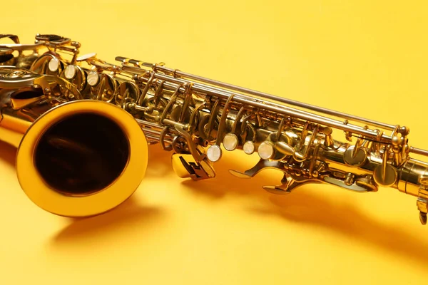 Beautiful Saxophone Yellow Background Closeup View — Stock Photo, Image