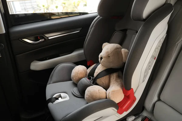 Oso Peluche Abrochado Con Cinturón Seguridad Para Automóvil Asiento Infantil — Foto de Stock