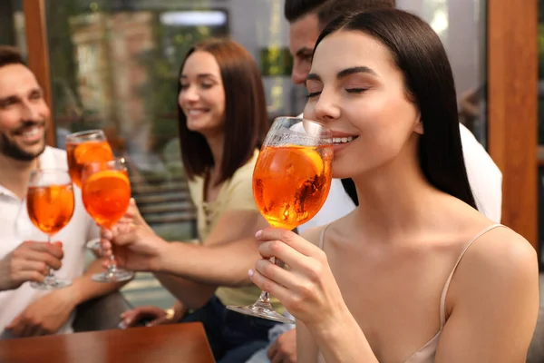 Friends Spending Time Together Focus Young Woman Drinking Aperol Spritz — Stock Photo, Image