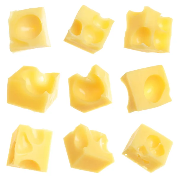 Pieces Delicious Cheese White Background Collage — Stock Photo, Image