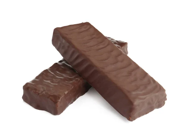 Ízletes Csokoládé Mázas Fehérje Szeletek Fehér Alapon Egészséges Snack — Stock Fotó