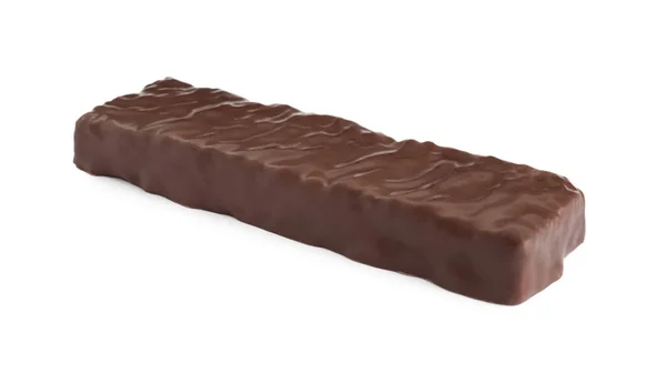 Barra Proteína Chocolate Saboroso Vidrado Isolado Branco Lanche Saudável — Fotografia de Stock