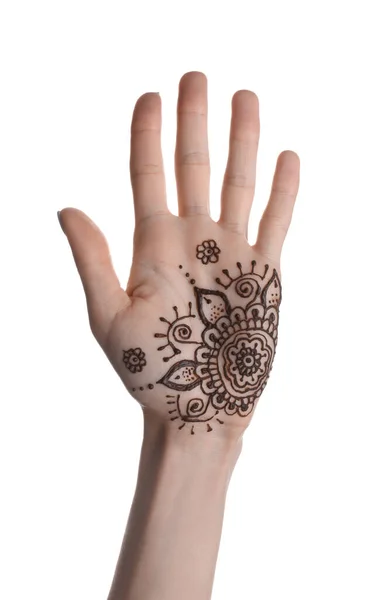 在手掌上有指甲花纹身的女人 背景为白色 传统的Mehndi装饰品 — 图库照片#