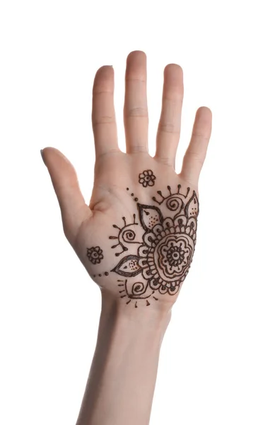 Vrouw Met Henna Tatoeage Palm Tegen Witte Achtergrond Close Traditionele — Stockfoto