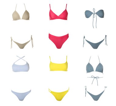 Beyaz arkaplanda farklı stil bikini koleksiyonu 