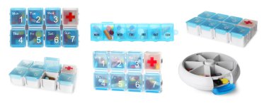 Set with plastic boxes for pills on white background. Banner design clipart