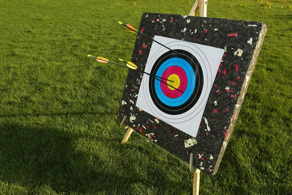 Arrows in archery target on green grass outdoors