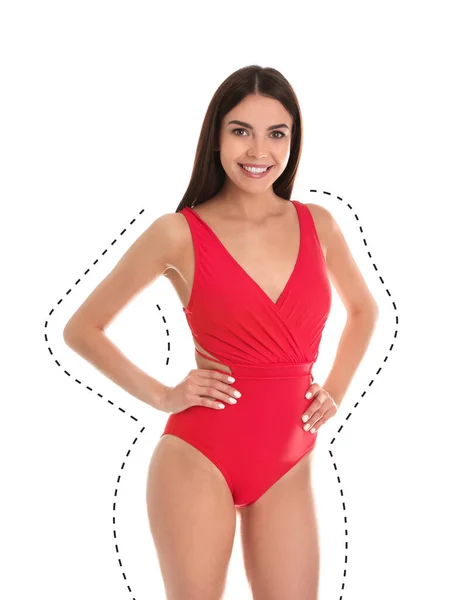 Young Slim Woman Swimsuit Weight Loss White Background Healthy Diet — Stock Photo, Image