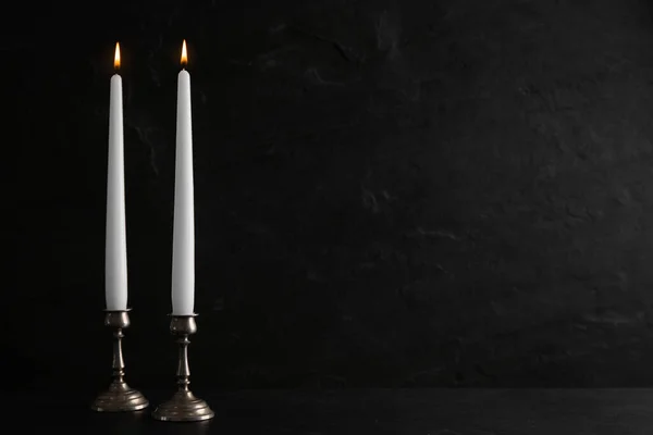 Elegant Candlesticks Burning Candles Black Table Space Text — Stock Photo, Image