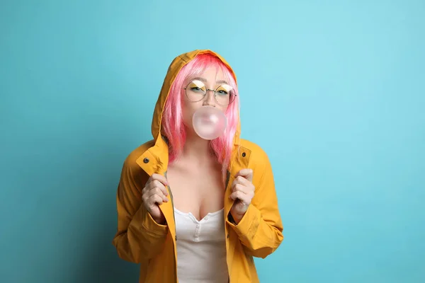 Fashionable Young Woman Pink Wig Bright Makeup Blowing Bubblegum Yellow — Stock Photo, Image