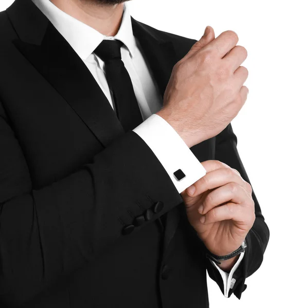 Homem Vestindo Terno Elegante Abotoaduras Fundo Branco Close — Fotografia de Stock