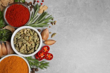 Açık gri masa üzerinde farklı doğal baharat ve otlarla düz kompozisyon, metin için boşluk