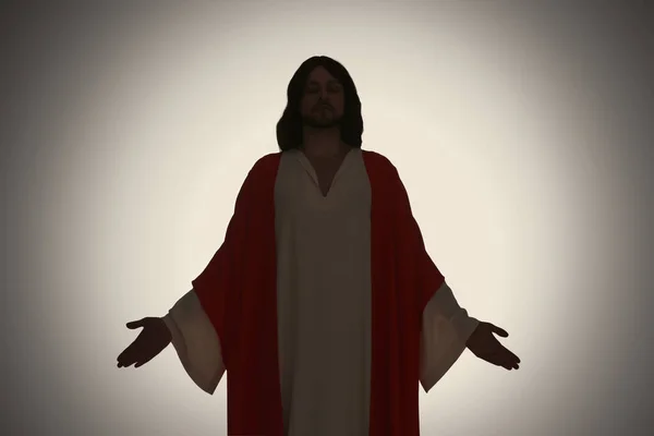 Silhouette Von Jesus Christus Mit Ausgestreckten Armen Auf Farbigem Hintergrund — Stockfoto