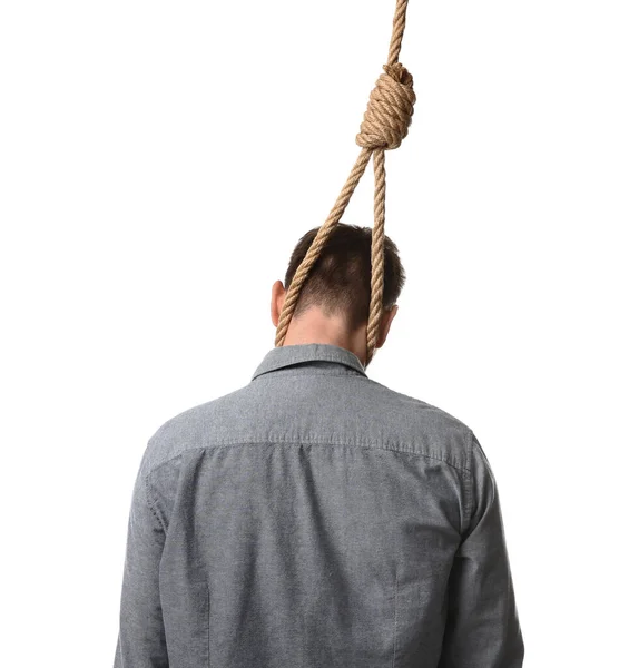 Man Rope Noose Neck White Background Back View — Stock Photo, Image