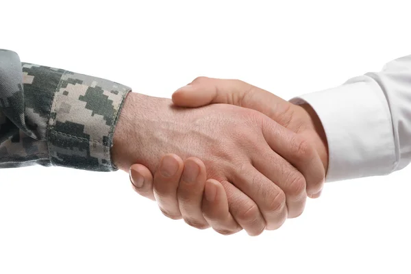 Soldier Businessman Shaking Hands White Background Closeup — Stock Photo, Image