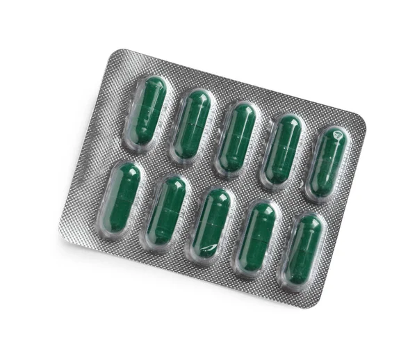 Blister Bright Pills Isolated White Top View — Stock Photo, Image